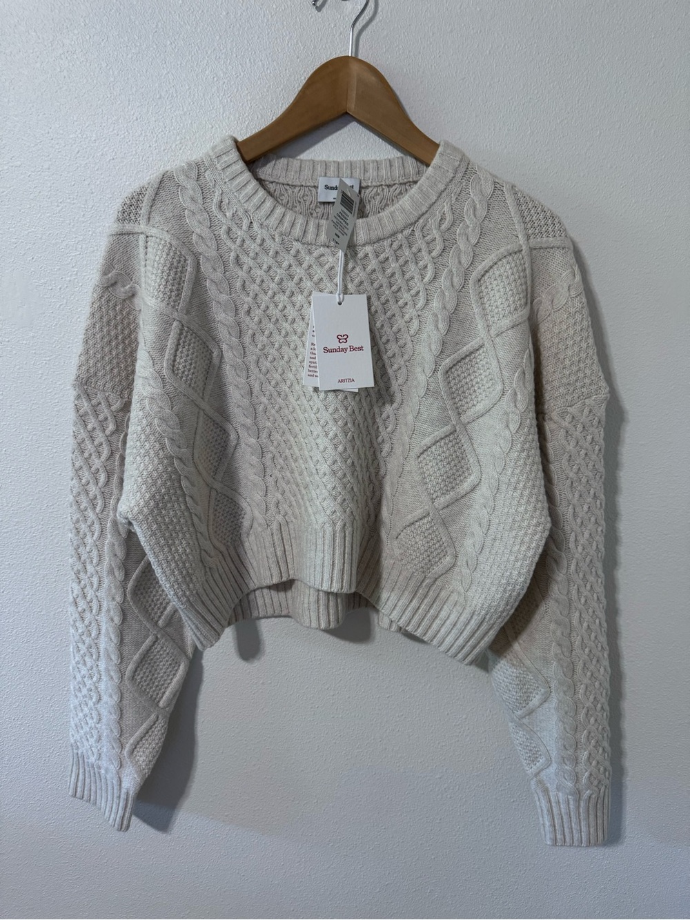 Aritzia Sunday Best Peggy Crop Sweater Heather Oatmeal Wool Cable Knit NWT-M